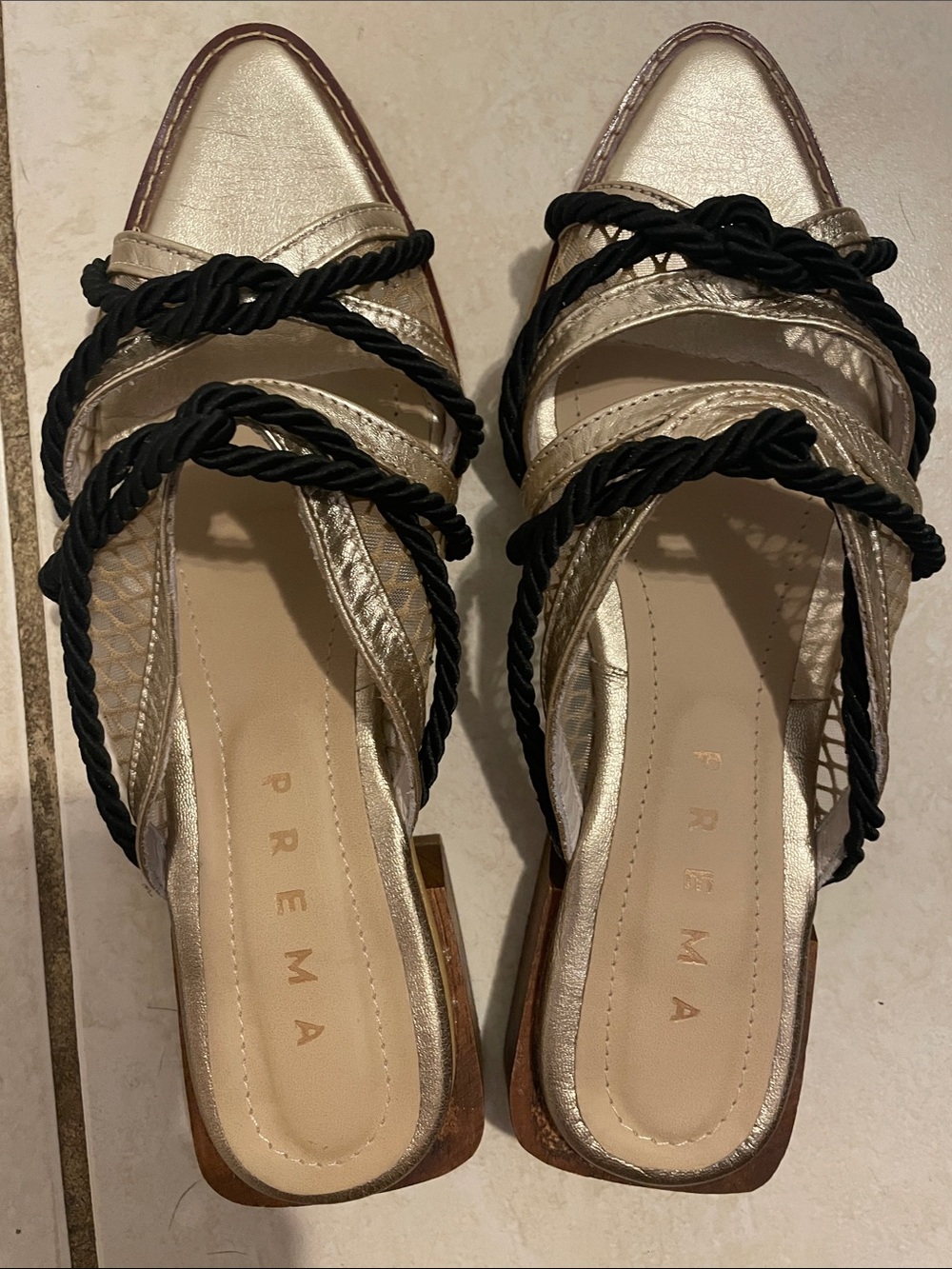 Gold Strappy Pointed-Toe Women’s Sandal with Black Rope Detail